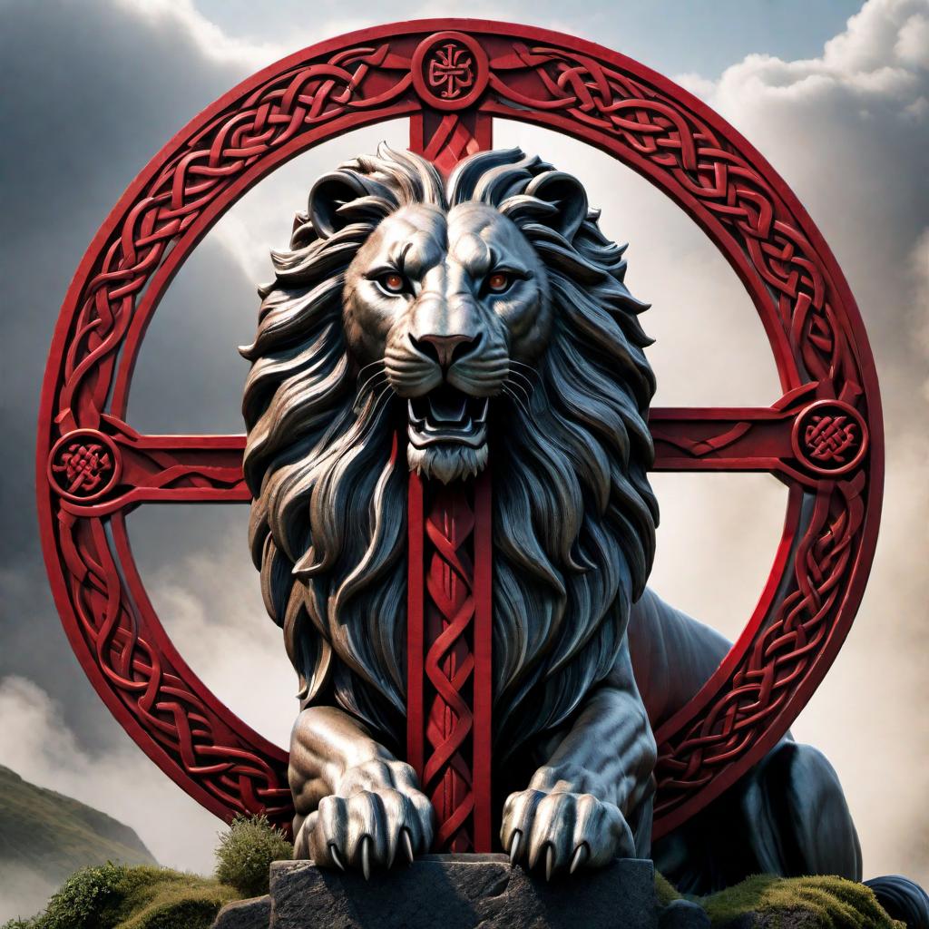  Create a logo with the text 'Victory', incorporating a Celtic cross and an English lion. Use red as the primary color. hyperrealistic, full body, detailed clothing, highly detailed, cinematic lighting, stunningly beautiful, intricate, sharp focus, f/1. 8, 85mm, (centered image composition), (professionally color graded), ((bright soft diffused light)), volumetric fog, trending on instagram, trending on tumblr, HDR 4K, 8K