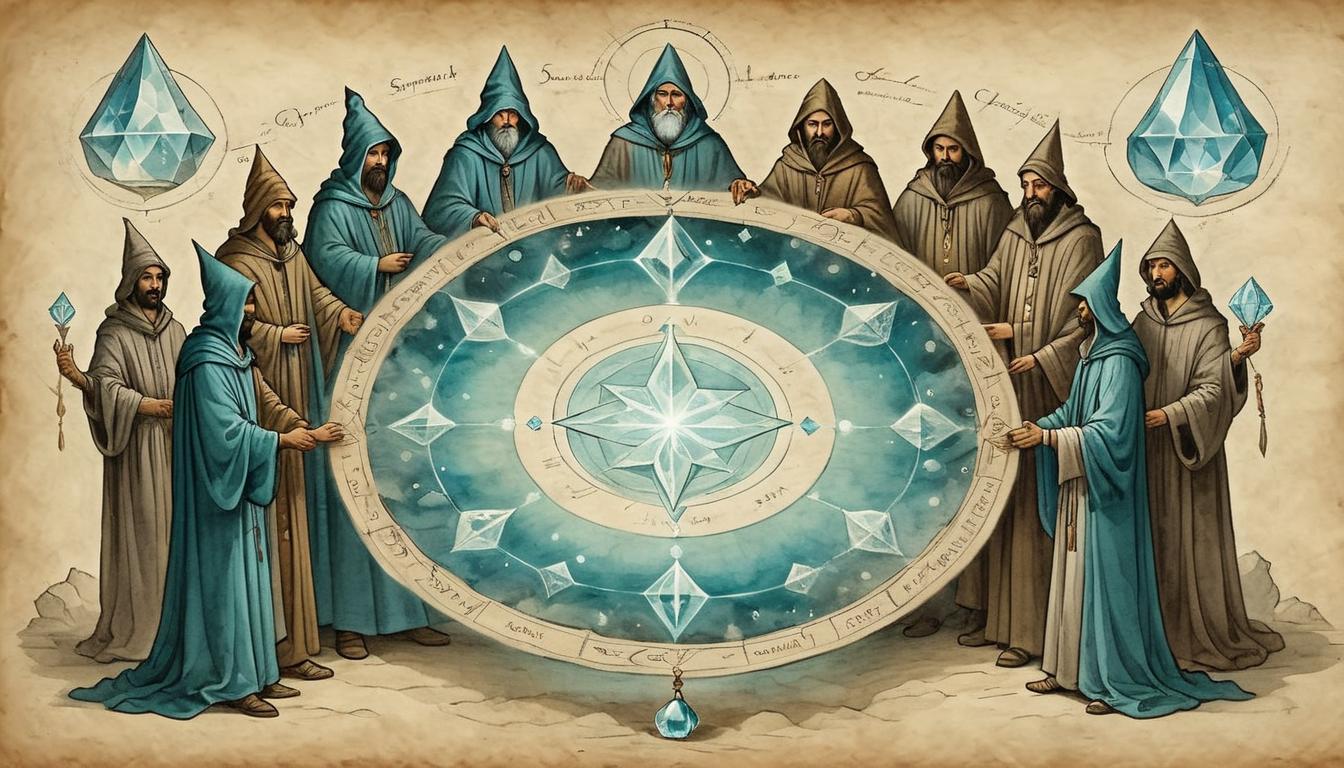  on parchment, surrealism+++, A circle of robed figures, holding hands, surrounding a glowing crystal, unity, spiritual connection, ethereal glow, mystical, communal, sacred ceremony(mysterious, provocative, symbolic,muted color)+++