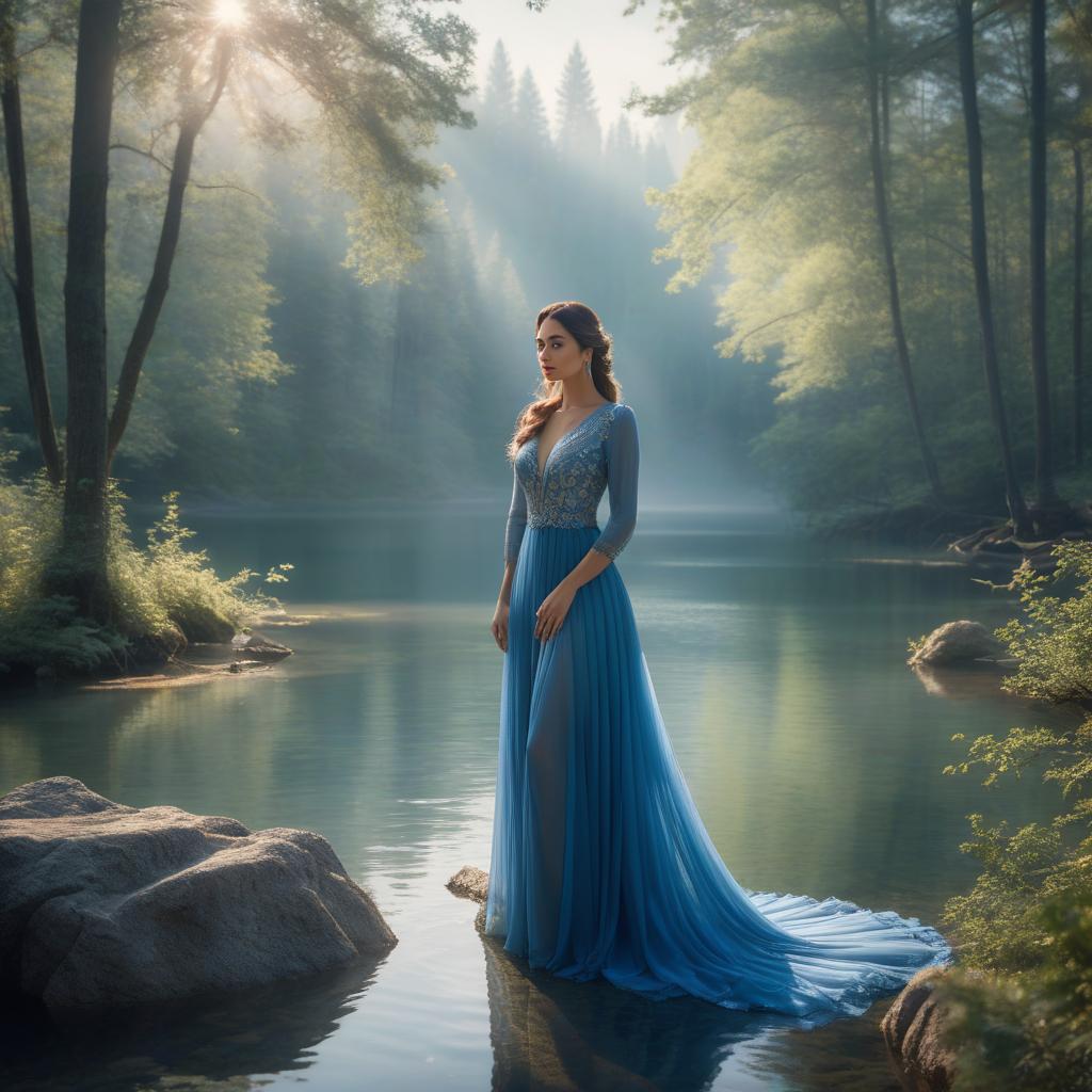  A woman in a blue dress stands by a serene lake surrounded by forest, with soft sunlight filtering through the trees. hyperrealistic, full body, detailed clothing, highly detailed, cinematic lighting, stunningly beautiful, intricate, sharp focus, f/1. 8, 85mm, (centered image composition), (professionally color graded), ((bright soft diffused light)), volumetric fog, trending on instagram, trending on tumblr, HDR 4K, 8K