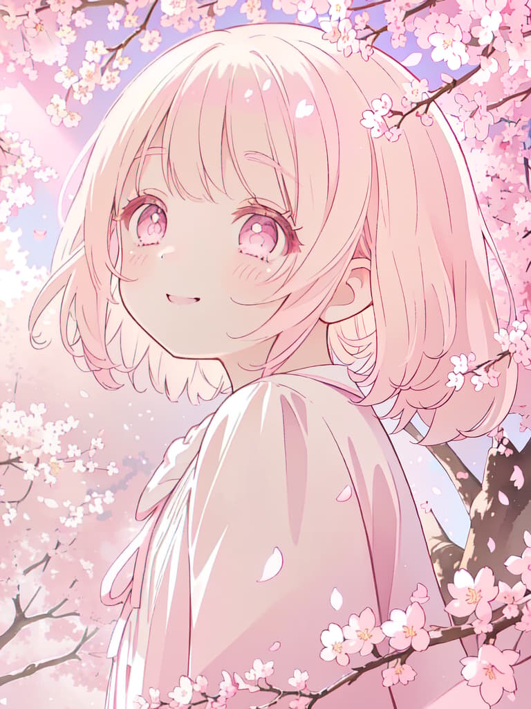  (Cherry blossom storm,sunlight through the trees),((Bob hair,beige hair,light pink eyes,big eyes,smiling,face focus,from side)),(Pink and white dress,pink ribbon,cherry blossoms,spring),masterpiece,the best quality,8K,, masterpiece, best quality,8k,ultra detailed,high resolution,an extremely delicate and beautiful,hyper detail