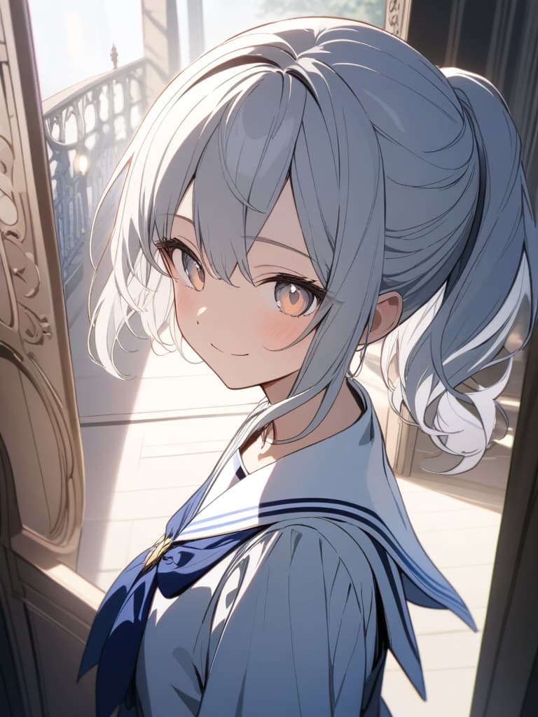  ((Young lady,Young lady ,Noble,Sailor uniform,Noble sailor uniform,Elegant)),Hair in a ponytail and d over her shoulder,Beautiful,Pretty ,Silver hair,Olive eyes,Smile,Handbag,Pure,Young lady's return,Entrance to the mansion、ultra detailed,best shadow,cute and beautiful face,(masterpiece:1.2),(best quality:1.2),detailed background,high contrast,(best illumination,an extremely delicate and beautiful),((cinematic light)),hyper detail,dramatic light,intricate details,8k,anime,very aesthetic, masterpiece, best quality,8k,ultra detailed,high resolution,an extremely delicate and beautiful,hyper detail