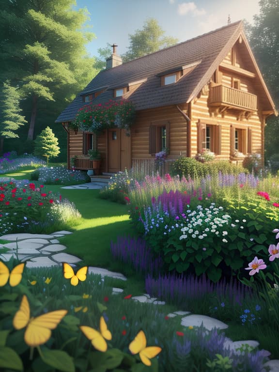  cottage plot, in the foreground watering the lawn, flower pots, in the background a chalet style house, butterflies flying, beautiful summer sunny weather, brightly and naturally, realistically hyperrealistic, full body, detailed clothing, highly detailed, cinematic lighting, stunningly beautiful, intricate, sharp focus, f/1. 8, 85mm, (centered image composition), (professionally color graded), ((bright soft diffused light)), volumetric fog, trending on instagram, trending on tumblr, HDR 4K, 8K