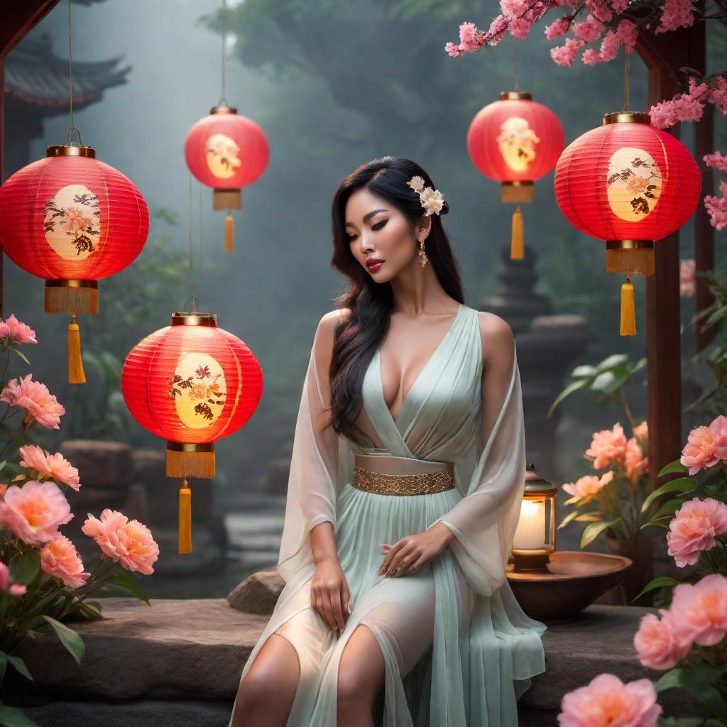  A modern Vietnamese Taurus female with a darker skin tone in a dreamy fantasy lofistyle setting. The scene should feature soft, ethereal lighting, whimsical elements like floating lanterns, fantastical flora, and cozy, relaxed décor. The female figure should have a serene, composed demeanor, embodying Taurus traits, and be integrated with modern fashion or accessories that reflect Vietnamese culture. The overall atmosphere should evoke a sense of dreamy tranquility and fantasy. hyperrealistic, full body, detailed clothing, highly detailed, cinematic lighting, stunningly beautiful, intricate, sharp focus, f/1. 8, 85mm, (centered image composition), (professionally color graded), ((bright soft diffused light)), volumetric fog, trending on instagram, trending on tumblr, HDR 4K, 8K