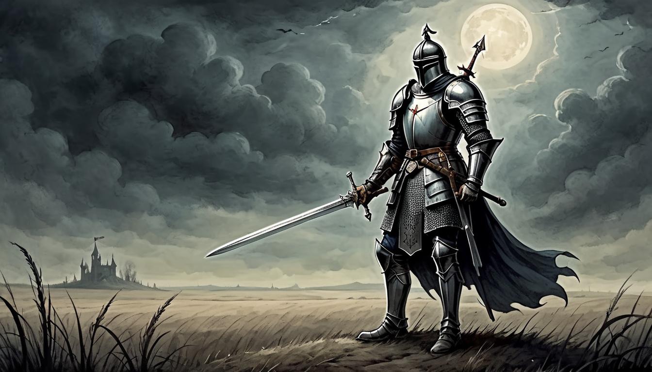  on parchment, surrealism+++, A lone knight, clad in shining armor, standing at the edge of a darkened field, sword in hand, ready for a journey, courageous, resolute(mysterious, provocative, symbolic,muted color)+++