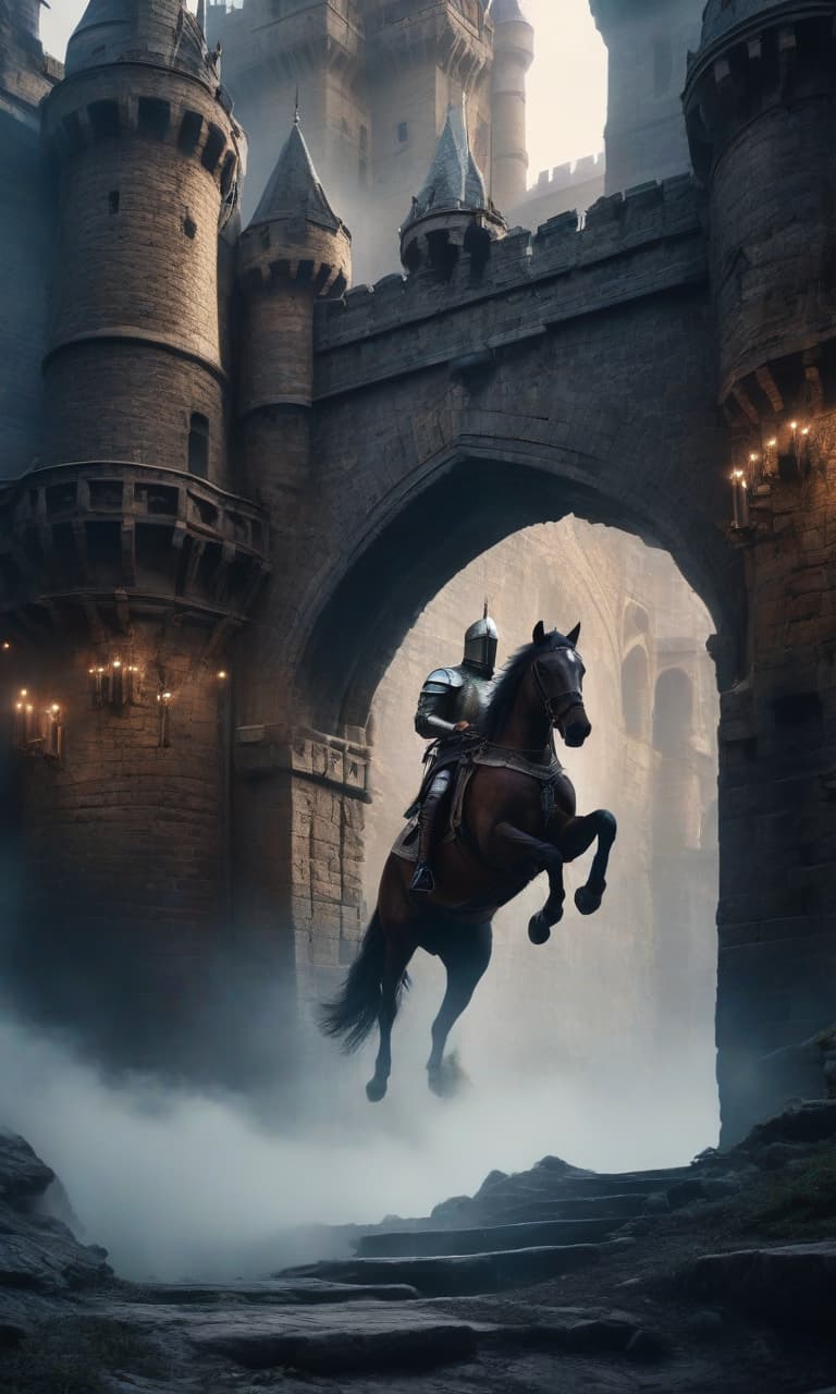  Atmospheric castle fortress, knights ride on horses over drawbridge, detailed sketching, double exposure, layering frames, epic, star vortex, painting, high resolution, beautiful, frame aesthetics, depth of field, many details, dark tones, bright colors, hyperrealistic, ultra HD, fantasy art, 30mm lens, 1/250s, f/2.8, ISO 100, 4k. hyperrealistic, full body, detailed clothing, highly detailed, cinematic lighting, stunningly beautiful, intricate, sharp focus, f/1. 8, 85mm, (centered image composition), (professionally color graded), ((bright soft diffused light)), volumetric fog, trending on instagram, trending on tumblr, HDR 4K, 8K