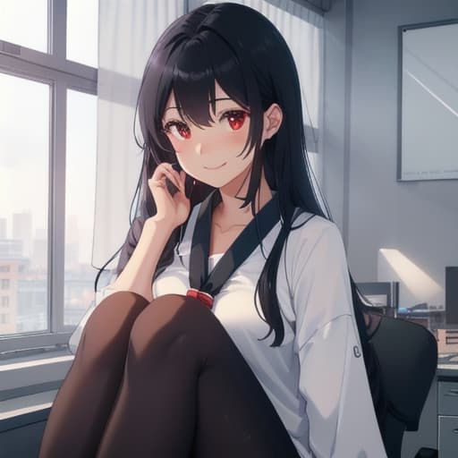  1girl , solo, anime named Emi sitting in an office, black long hair staff, big , looking at viewer, red eyes, smiling. hyperrealistic, full body, detailed clothing, highly detailed, cinematic lighting, stunningly beautiful, intricate, sharp focus, f/1. 8, 85mm, (centered image composition), (professionally color graded), ((bright soft diffused light)), volumetric fog, trending on instagram, trending on tumblr, HDR 4K, 8K