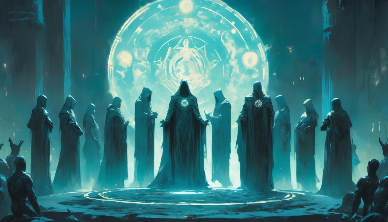  hyperrealism,fantasy aestheticGroup of robed figures in a circle, surrounding an ancient altar, tattoos and glowing symbols on their skin, moonlight casting shadows, arcane, mystical, ritualistic, solemn, high tech clothing clad in sleek, futuristic costume with metallic accents and form fitting designs, marvel superhero comics style, unreal engine rendering