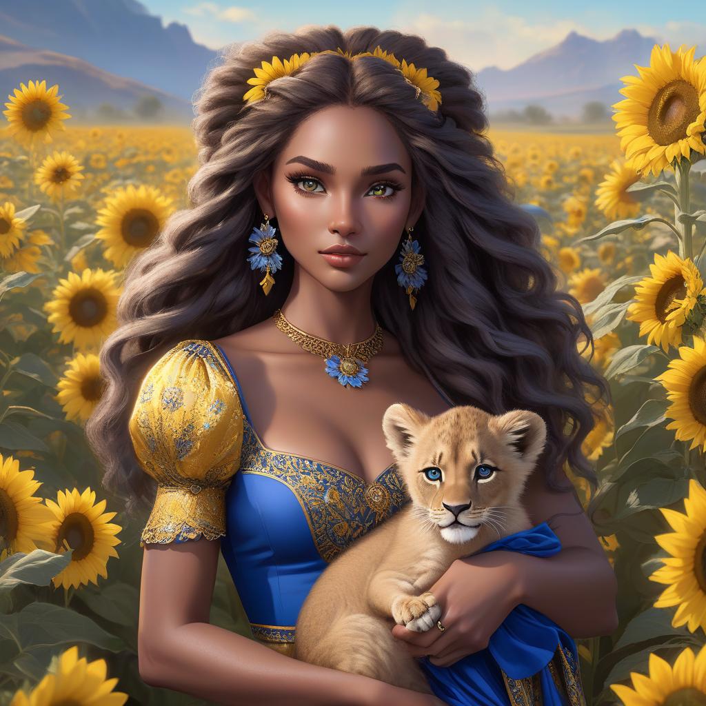  A with striking eyes holds a young lion amidst a sunflower field at sunset. Her hair is adorned with blue flowers, matching her dress. A young African with a rich, dark complexion and large, round, expressive dark brown eyes. She has full lips and a small, delicate nose. Her face is framed by long, dreadlocks in a natural dark brown color. She wears blue dangly earrings with blue daisies that accentuate her eyes. The wears a bright royal blue dress with puff sleeves, which has intricate gold embroidery and daisy embellishments that match her earrings. In her arms she tenderly holds a young lion, whose gentle, catty eyes and soft features convey a feeling of trust and security. The lion's fur is a traditional lion brow hyperrealistic, full body, detailed clothing, highly detailed, cinematic lighting, stunningly beautiful, intricate, sharp focus, f/1. 8, 85mm, (centered image composition), (professionally color graded), ((bright soft diffused light)), volumetric fog, trending on instagram, trending on tumblr, HDR 4K, 8K