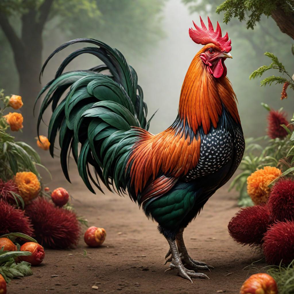  A highly detailed, majestic game fowl rooster with striking and vibrant plumage. The rooster should have a proud stance, with feathers in rich shades of red, orange, and green. Its comb and wattles should be prominent, and it should stand confidently on the ground with a natural farm or rural background, showing off its strong legs and sharp claws. hyperrealistic, full body, detailed clothing, highly detailed, cinematic lighting, stunningly beautiful, intricate, sharp focus, f/1. 8, 85mm, (centered image composition), (professionally color graded), ((bright soft diffused light)), volumetric fog, trending on instagram, trending on tumblr, HDR 4K, 8K