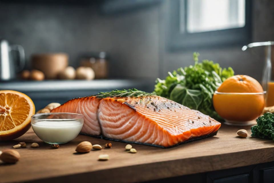  "Depict a close up of a wooden kitchen table with a variety of fresh, vibrant foods known to help reverse osteoporosis. Include leafy greens like kale, nuts, dairy products like yogurt, fatty fish like salmon, and fruits such as oranges and berries. Arrange these foods in an aesthetically pleasing manner, ensuring they look fresh and appetizing. The background should be a simple, well lit kitchen setting with neutral tones to keep the focus on the foods. Use high quality, realistic textures and lighting to make the image visually appealing and detailed."Ensure no face,leg,hand or eye defomities.Ensure all images are clear, detailed, contains no text and no deformities. realistic, highly detailed, photorealistic, cinematic lighting, intricat hyperrealistic, full body, detailed clothing, highly detailed, cinematic lighting, stunningly beautiful, intricate, sharp focus, f/1. 8, 85mm, (centered image composition), (professionally color graded), ((bright soft diffused light)), volumetric fog, trending on instagram, trending on tumblr, HDR 4K, 8K