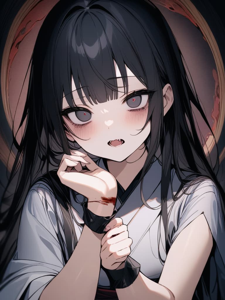  ultra detailed:1.2masterpiece:1.2,best quality,masterpiece,bestquality,hdr:1.1,8k:1.1,very cute girl:1.3,black hair:1.4,very long hair:1.3,blunt bangs:1.2,(diagonal cut:1.4),black eyes,almond eyes:1.3,(black,kimono:1.5),(sick eyes:1.3),(open mouth:1.2),(bite girl wrist:1.9),(blood effects :1.3),(dark circles under the eyes:1.6), masterpiece, best quality,8k,ultra detailed,high resolution,an extremely delicate and beautiful,hyper detail