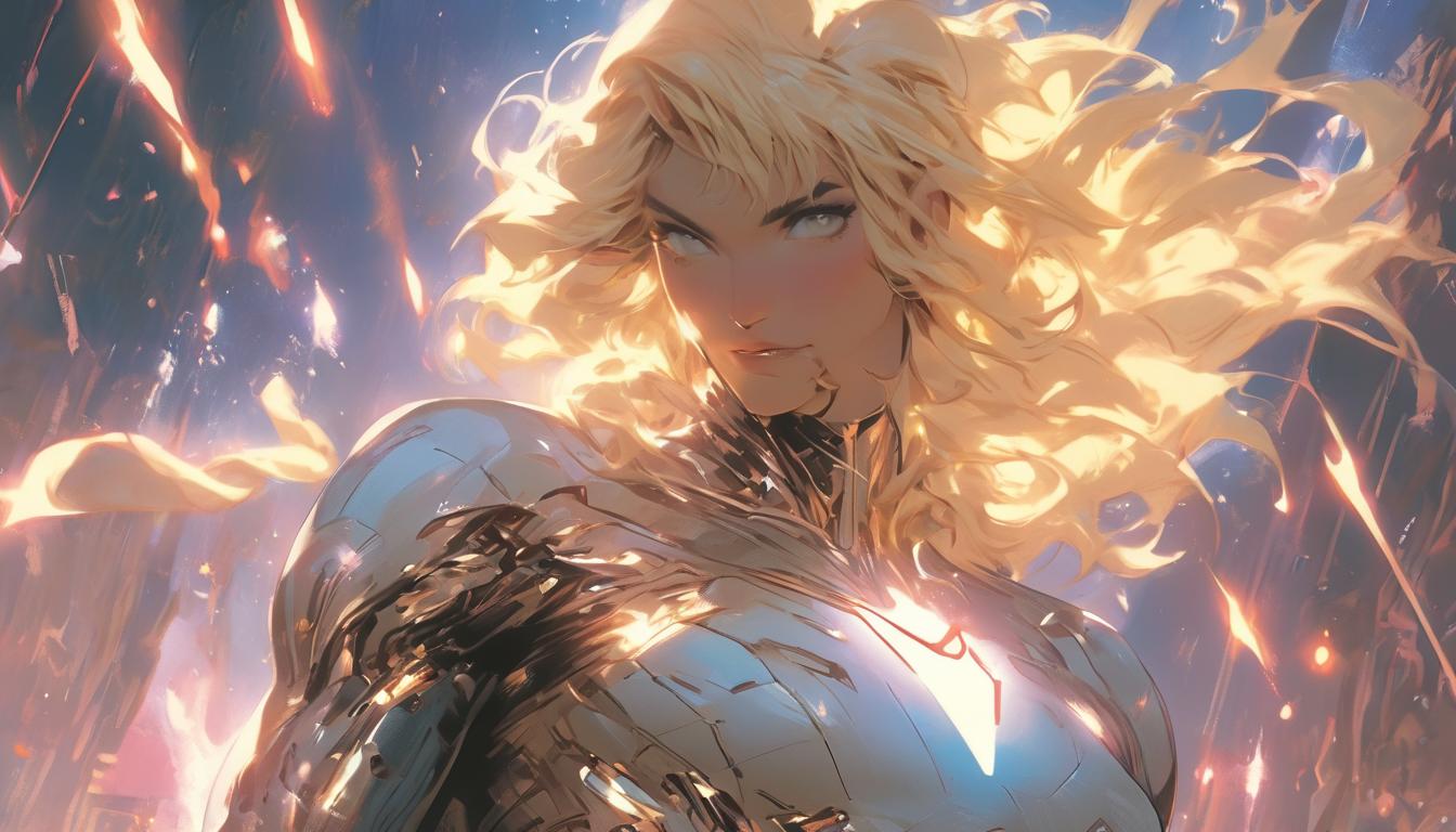  hyperrealism,fantasy aesthetic1woman, large busted attractive blonde arian female humanoid, standing on a starry platform, light body shimmering brightly, high tech clothing clad in sleek, futuristic costume with metallic accents and form fitting designs, marvel superhero comics style, unreal engine rendering