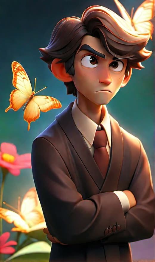  colorful butterfly, portrait, a boy, The portrait is happy man, medium hair, brown eyes, standing, robe, Magic robe, body, Tie, (young man), bangs, long hair, (man teacher), pleated skirt, expressionless, flower, Wearing black silk stockings, Tonalism, cinematic lighting, sparkle, illustration, high details, super detail, award winning, best quality, high quality, 8k