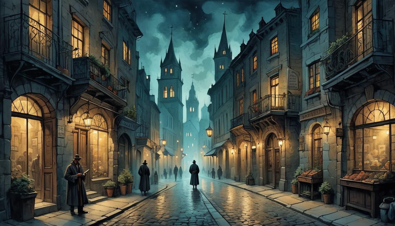  on parchment, surrealism+++, A bustling cityscape at night, with bright lights and busy streets, a lone figure taking a narrow, dimly lit alleyway, mysterious, intuitive(mysterious, provocative, symbolic,muted color)+++