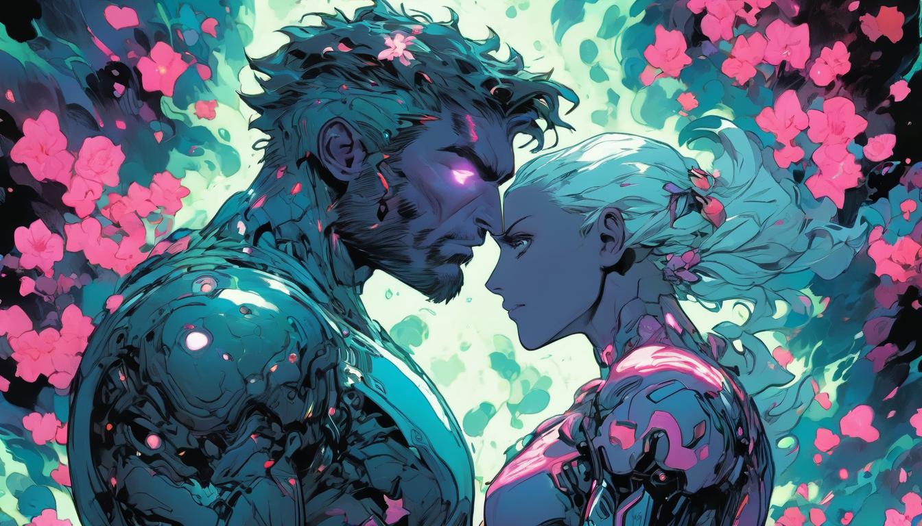  hyperrealism,fantasy aesthetic1man1woman, large busted attractive arian humanoid couple, exchanging words of love, cosmic flowers blooming, high tech clothing clad in sleek, futuristic costume with metallic accents and form fitting designs, marvel superhero comics style, unreal engine rendering