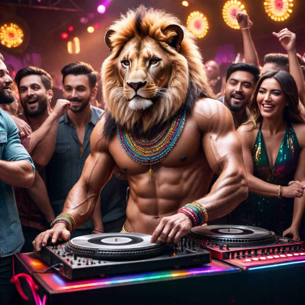  A half-man, half-lion DJ. The upper half is a muscular man with human features and a friendly face, while the lower half resembles a lion, with majestic fur and a lion's tail. The DJ is standing behind turntables, mixing music with a vibrant, lively crowd dancing in front of him. The background is filled with colorful lights and a festive atmosphere, making it look like an exciting party scene. hyperrealistic, full body, detailed clothing, highly detailed, cinematic lighting, stunningly beautiful, intricate, sharp focus, f/1. 8, 85mm, (centered image composition), (professionally color graded), ((bright soft diffused light)), volumetric fog, trending on instagram, trending on tumblr, HDR 4K, 8K