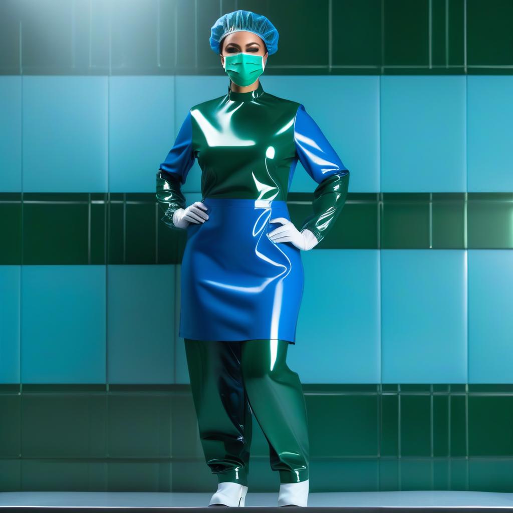  A woman, surgeon, stands (full height 1.1), (front view: 1.1), (profile: 1.1), On the face: (Surgical mask with tied straps: 1.2), made of (glossy latex: 1.3), divided in the mouth area into two parts, the upper part is dark green, the lower part is dark blue, the surgical mask sticks tightly to the face, covering the chin and forehead, secured by straps on the back of the head and the crown. hyperrealistic, full body, detailed clothing, highly detailed, cinematic lighting, stunningly beautiful, intricate, sharp focus, f/1. 8, 85mm, (centered image composition), (professionally color graded), ((bright soft diffused light)), volumetric fog, trending on instagram, trending on tumblr, HDR 4K, 8K