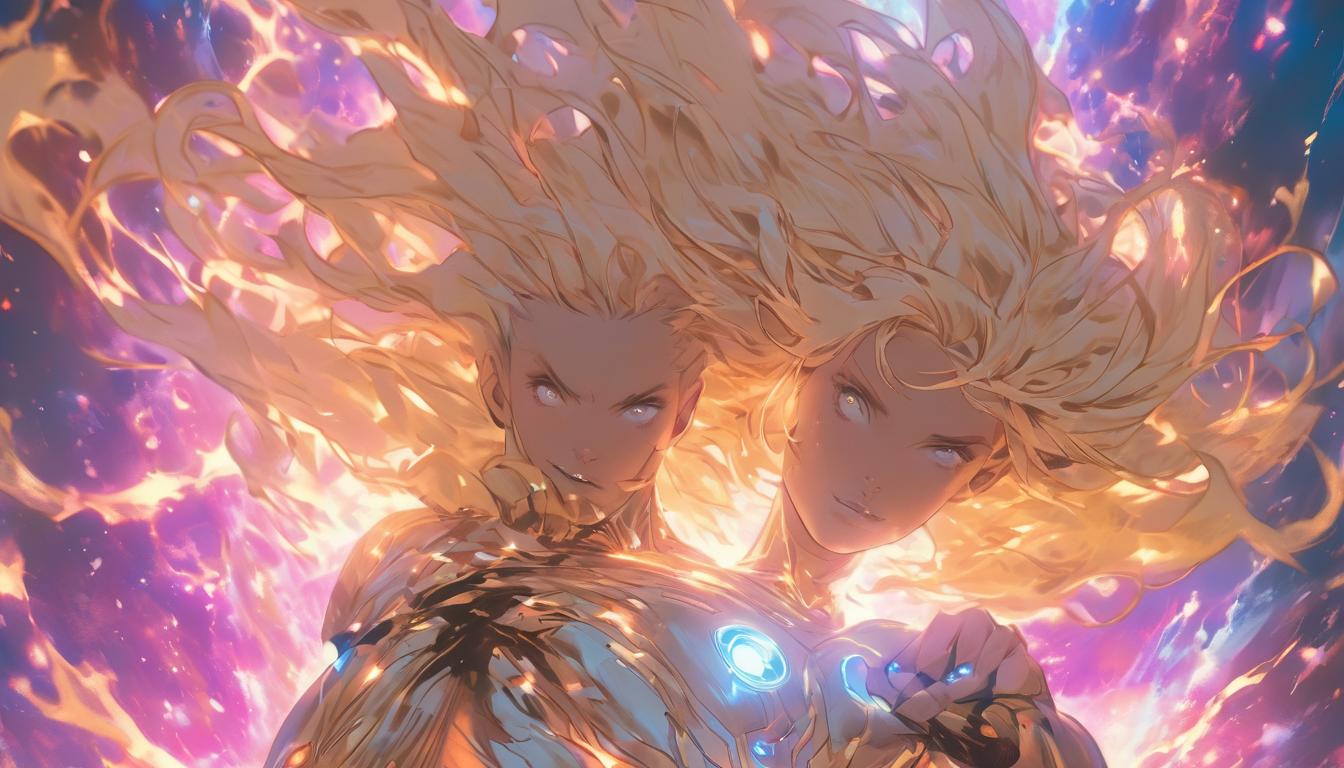  hyperrealism,fantasy aesthetic1woman, large busted attractive blonde arian female humanoid with flowing hair floating in astral planes, mystical aura surrounding, hands raised, ethereal constructs dissolving, high tech clothing clad in sleek, futuristic costume with metallic accents and form fitting designs, marvel superhero comics style, unreal engine rendering