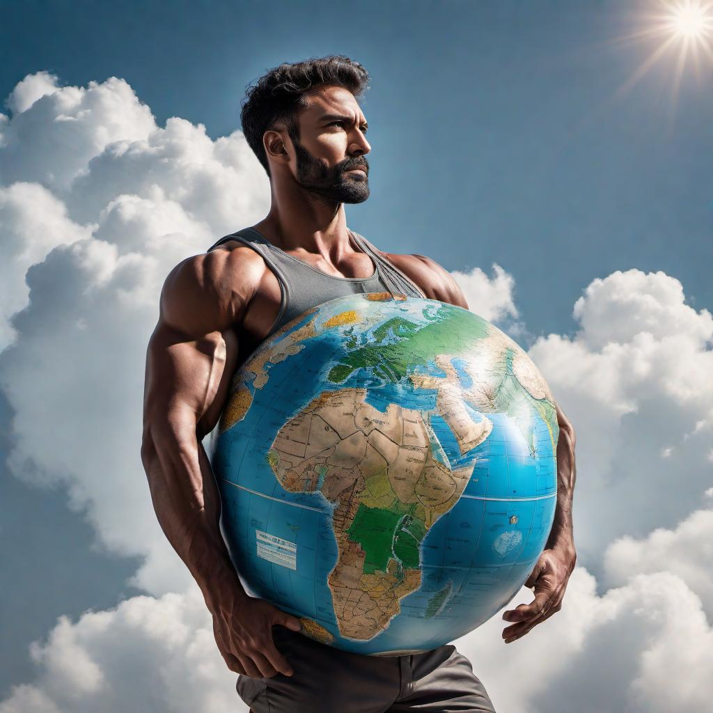  A detailed illustration of a man carrying the world on his back. The man is muscular and strong, symbolizing great strength and determination. He is depicted in a crouched position, with his back bent under the immense weight of the globe. The globe he is carrying is detailed, showing continents and oceans, emphasizing its immense size and weight. The man's face shows intense focus and resolve as he carries the world on his back. The background is simple, ensuring the focus remains on the man and the world he carries. The overall tone is inspiring and dramatic, highlighting the theme of strength and resilience. hyperrealistic, full body, detailed clothing, highly detailed, cinematic lighting, stunningly beautiful, intricate, sharp focus, f/1. 8, 85mm, (centered image composition), (professionally color graded), ((bright soft diffused light)), volumetric fog, trending on instagram, trending on tumblr, HDR 4K, 8K