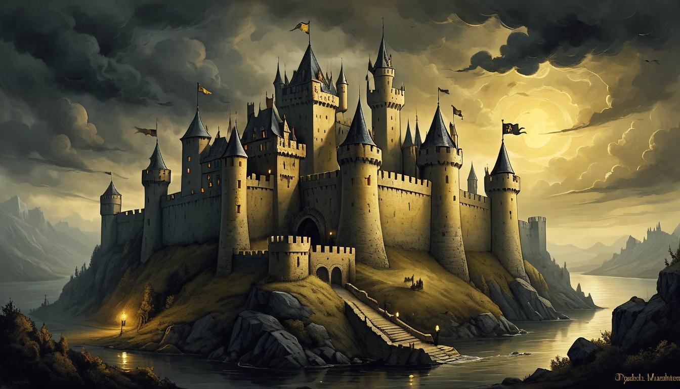  on parchment, surrealism+++, A fortified castle illuminated by a golden glow, impenetrable walls, surrounded by dark threatening clouds, sense of protection and strength(mysterious, provocative, symbolic,muted color)+++