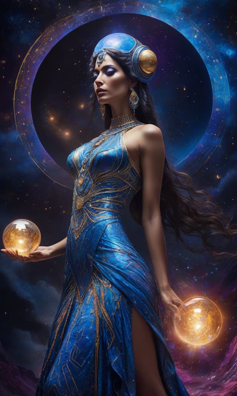  space themed Fantasy painting. Digital photo, Cleopatra in a beautiful gown with a glowing sphere emitting white, blue, red, neon purple radiance, neon purple sparks, mystical glow. Unreal, fantastic detailed background: surrealist, abstract dress with textured neon blue and golden streaks intertwining in a strange, quirky pattern. Attention to detail. Sparkles. Style: Art Deco. Abstraction. Surrealist idea in the manner of Andrew Jones, Fragonard, Josephine Wall, Antoine Watteau. Sabbas Apostolos, Alfons Mucha, Aubrey Beardsley. Entrancing simplicity. High quality. HDR. Emphasis on the eyes. . cosmic, celestial, stars, galaxies, nebulas, planets, science fiction, highly detailed hyperrealistic, full body, detailed clothing, highly detailed, cinematic lighting, stunningly beautiful, intricate, sharp focus, f/1. 8, 85mm, (centered image composition), (professionally color graded), ((bright soft diffused light)), volumetric fog, trending on instagram, trending on tumblr, HDR 4K, 8K