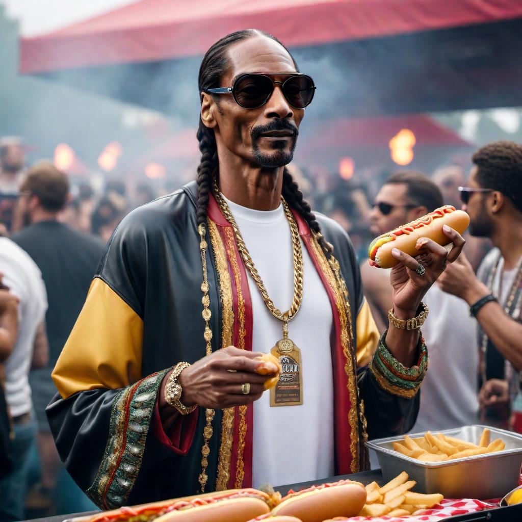  Create an image of Snoop Dogg enjoying a hot dog at a music festival. hyperrealistic, full body, detailed clothing, highly detailed, cinematic lighting, stunningly beautiful, intricate, sharp focus, f/1. 8, 85mm, (centered image composition), (professionally color graded), ((bright soft diffused light)), volumetric fog, trending on instagram, trending on tumblr, HDR 4K, 8K