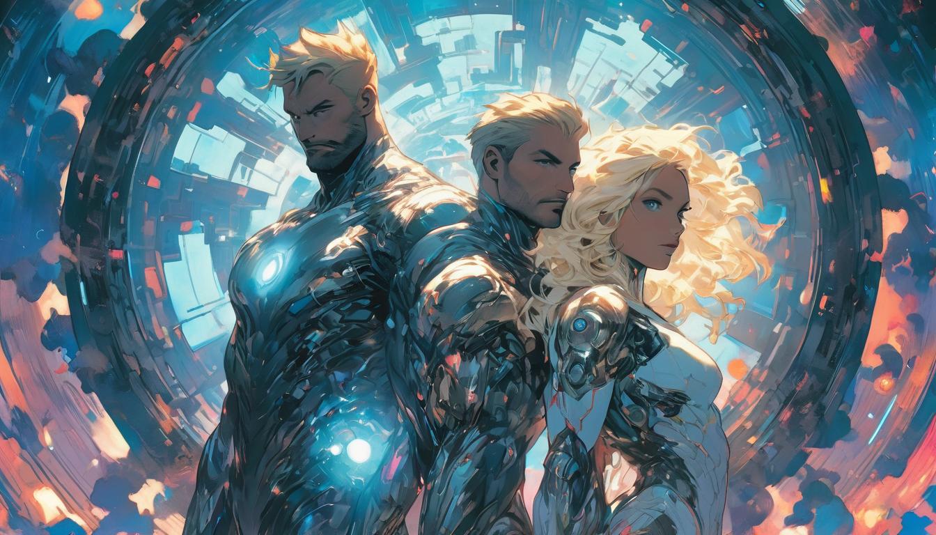  hyperrealism,fantasy aesthetic1man1woman, large busted attractive blonde arian female humanoid and handsome male humanoid, wearing futuristic clothing, standing in a wheel of endless cycles, cosmic background, enlightenment theme., high tech clothing clad in sleek, futuristic costume with metallic accents and form fitting designs, marvel superhero comics style, unreal engine rendering