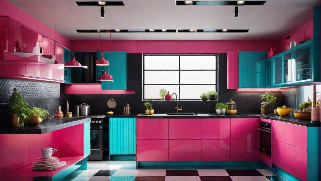  Design an image of an 80s retro kitchen with bold colors and geometric patterns. The kitchen cabinets should be a vibrant combination of neon pink and electric blue, complemented by shiny black marble countertops. Include floor tiles with geometric shapes in bright yellow, orange, and green hues. The walls should feature colorful abstract art pieces and neon signs, creating a nostalgic yet modern retro vibe in the kitchen. Keep the design eye catching and unique. hyperrealistic, full body, detailed clothing, highly detailed, cinematic lighting, stunningly beautiful, intricate, sharp focus, f/1. 8, 85mm, (centered image composition), (professionally color graded), ((bright soft diffused light)), volumetric fog, trending on instagram, trending on tumblr, HDR 4K, 8K