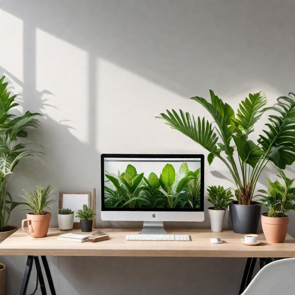  A high-resolution photo of a sleek, modern computer on a desk in a well-lit, minimalist office space. The computer screen should display a productive-looking interface, possibly with graphs or charts. Include surrounding elements such as a coffee mug, notepad, and potted plant to convey a productive and aesthetically pleasing work environment. Use neutral colors with some green plants for a touch of freshness. hyperrealistic, full body, detailed clothing, highly detailed, cinematic lighting, stunningly beautiful, intricate, sharp focus, f/1. 8, 85mm, (centered image composition), (professionally color graded), ((bright soft diffused light)), volumetric fog, trending on instagram, trending on tumblr, HDR 4K, 8K