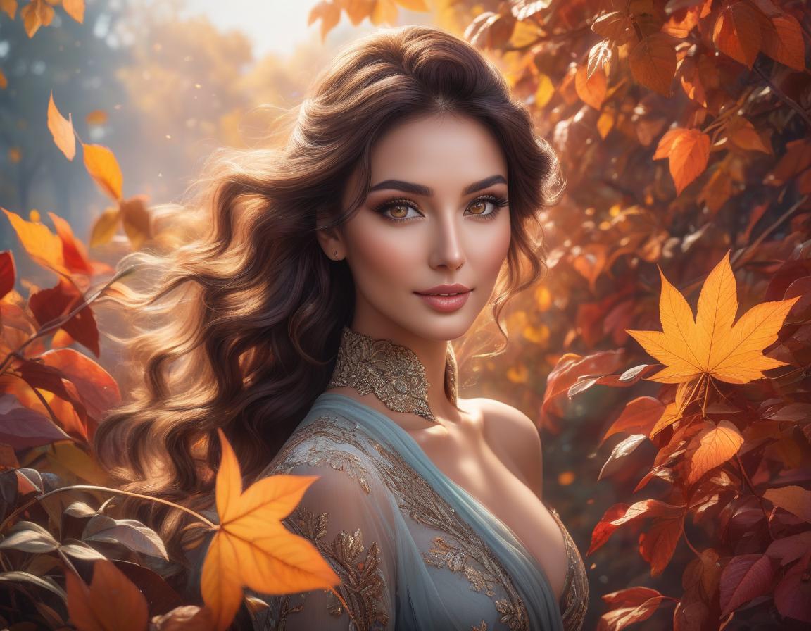  A stunning woman with mesmerizing brown eyes and a shy, yet lovely smile stands amidst a whirlwind of colorful leaves, her beauty rivaling that of nature itself., face by Bagshaw, Atroshenko, hyperrealistic, full body, detailed clothing, highly detailed, cinematic lighting, stunningly beautiful, intricate, sharp focus, f/1. 8, 85mm, (centered image composition), (professionally color graded), ((bright soft diffused light)), volumetric fog, trending on instagram, trending on tumblr, HDR 4K, 8K