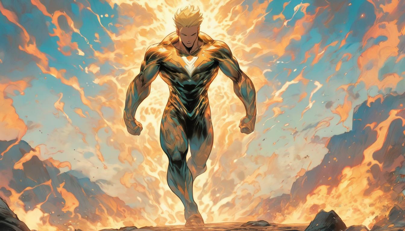  hyperrealism,fantasy aesthetic1man, attractive blonde arian male humanoid, standing barefoot on earth, pulling down cosmic energies, bright light beams connecting sky and ground, transformative and enlightened atmosphere, high tech clothing clad in sleek, futuristic costume with metallic accents and form fitting designs, marvel superhero comics style, unreal engine rendering