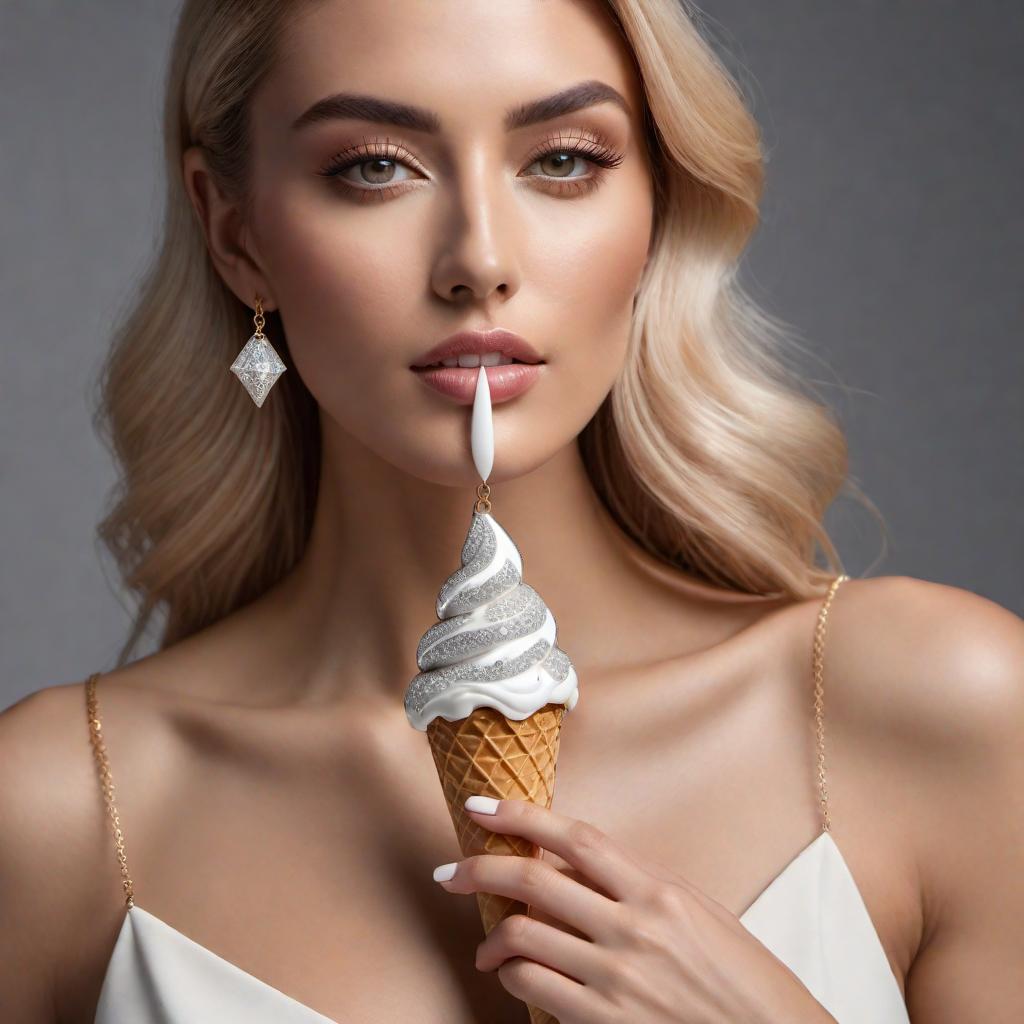  Female model wearing a diamond clustered ice cream cone pendant, showcasing the pendant prominently. The background should be simple and elegant to highlight the jewelry. hyperrealistic, full body, detailed clothing, highly detailed, cinematic lighting, stunningly beautiful, intricate, sharp focus, f/1. 8, 85mm, (centered image composition), (professionally color graded), ((bright soft diffused light)), volumetric fog, trending on instagram, trending on tumblr, HDR 4K, 8K