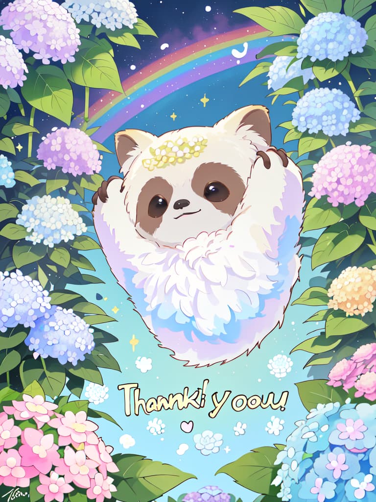  animal photo,solo Cute sloth,((( thank you! Signature))),(((1500! Signature))),masterpiece,hydrangea,rainbow🌈🌈,high quality,16K, masterpiece, best quality,8k,ultra detailed,high resolution,an extremely delicate and beautiful,hyper detail