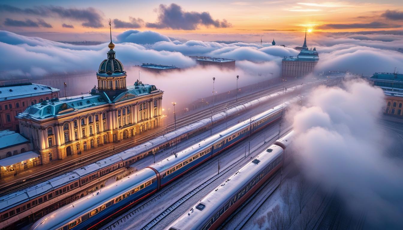  St. Petersburg Railway Station viewed from above through clouds, dawn, morning. hyperrealistic, full body, detailed clothing, highly detailed, cinematic lighting, stunningly beautiful, intricate, sharp focus, f/1. 8, 85mm, (centered image composition), (professionally color graded), ((bright soft diffused light)), volumetric fog, trending on instagram, trending on tumblr, HDR 4K, 8K