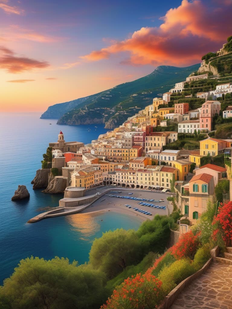  concept art Hyper realistic, scenic village, hill, amalfi coast, overlooking harbor, colorful sailboats, spring foliage, EPIC flambient orange sunrise, flambient clouds, wide angles, sharp focus, dramatic lighting, epic composition, 8k, high quality, ultra high definition, coastal landscape, flambient, golden hour, vivid colors, maritime, nautical, coastal line, port, boat, yacht, marina, sunset, dusk, surf, sea, waves, cove, harbour, lighthouse, countryside, cliff edge, hillside, medieval architecture, house, houses, cobblestone streets, steep stairs, church, tower, cathedral, historic, Italy, tourism, travel photography, drawing, painting, painting inspiration, Vincent van Gogh, Romanticism, realism, documentary, film, movies, artillery, 