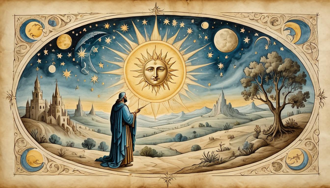  on parchment, surrealism+++, Joseph's dream of celestial bodies bowing down to him, sun, moon, and stars, mystical background, symbolic, divine(mysterious, provocative, symbolic,muted color)+++