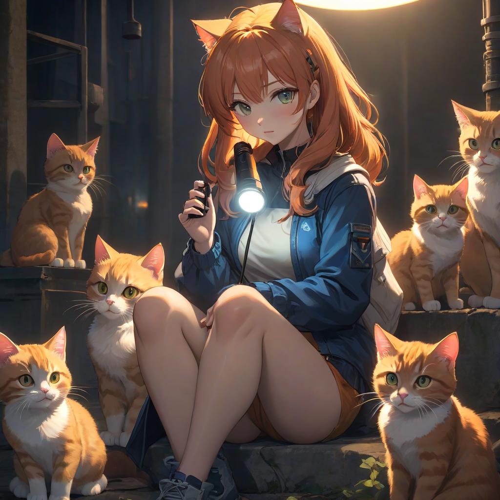  anime artwork A ginger cat with kittens is sitting, in her hands a flashlight, the background is dark. . anime style, key visual, vibrant, studio anime, highly detailed hyperrealistic, full body, detailed clothing, highly detailed, cinematic lighting, stunningly beautiful, intricate, sharp focus, f/1. 8, 85mm, (centered image composition), (professionally color graded), ((bright soft diffused light)), volumetric fog, trending on instagram, trending on tumblr, HDR 4K, 8K