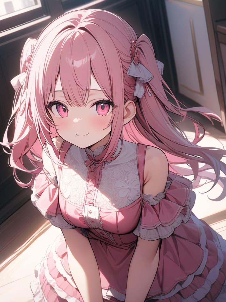  Cute, , big eyes, thin body, fluffy hair, exposure, smiles, smiles, frill dress, , twin tail, long hair, pink frill dress, exposure, pink eyes, pink hair color, masterpiece, best quality,8k,ultra detailed,high resolution,an extremely delicate and beautiful,hyper detail