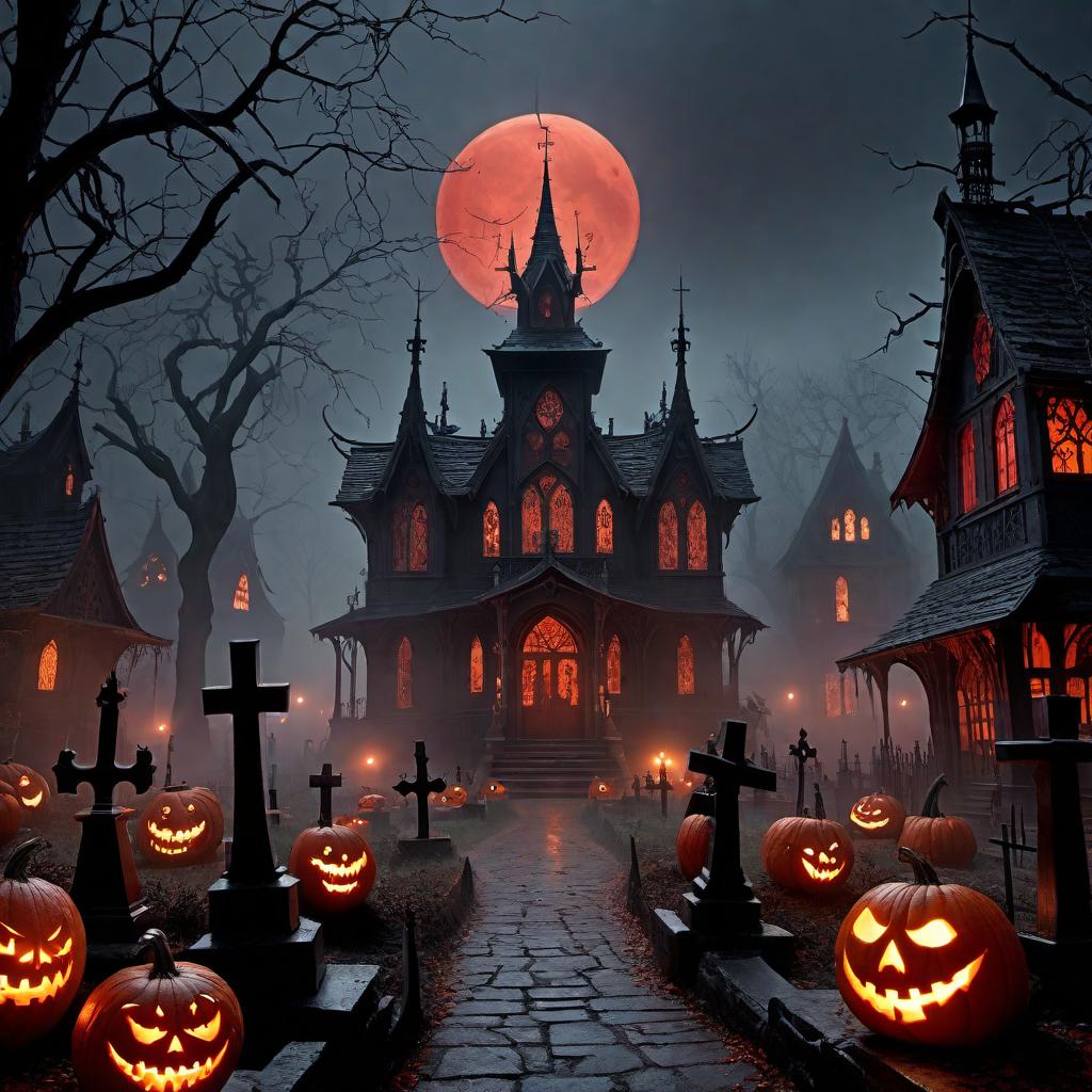  An eerie and dark scene inspired by 'The Nightmare Before Christmas' but with an evil nightmare twist. The setting is a twisted, haunted village under a blood-red moon. Jack Skellington, now more sinister with glowing red eyes and sharper features, stands ominously in the center, surrounded by ghostly, shadowy figures and eerie, twisted trees. The buildings are more Gothic, with sharp spires and dark, distorted architecture. The atmosphere is filled with a haunting fog, and the ground is littered with ghostly pumpkins and creepy gravestones. The color palette is dominated by dark, foreboding hues - blacks, deep reds, and ghostly greys. hyperrealistic, full body, detailed clothing, highly detailed, cinematic lighting, stunningly beautiful, intricate, sharp focus, f/1. 8, 85mm, (centered image composition), (professionally color graded), ((bright soft diffused light)), volumetric fog, trending on instagram, trending on tumblr, HDR 4K, 8K