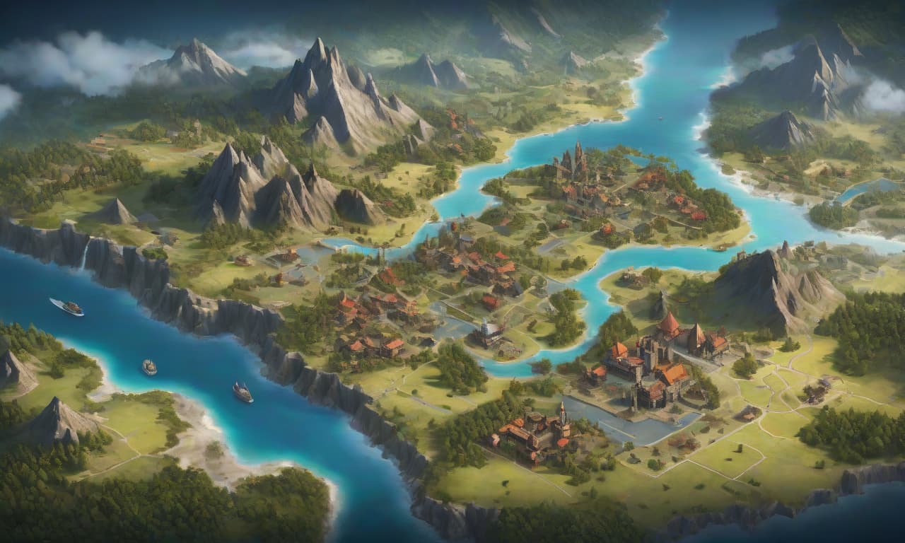  A minimalistic map for a strategy game, in a 2D format, top down view, with clear division of territories, large map, many territories, and territories divided into sub territories. hyperrealistic, full body, detailed clothing, highly detailed, cinematic lighting, stunningly beautiful, intricate, sharp focus, f/1. 8, 85mm, (centered image composition), (professionally color graded), ((bright soft diffused light)), volumetric fog, trending on instagram, trending on tumblr, HDR 4K, 8K