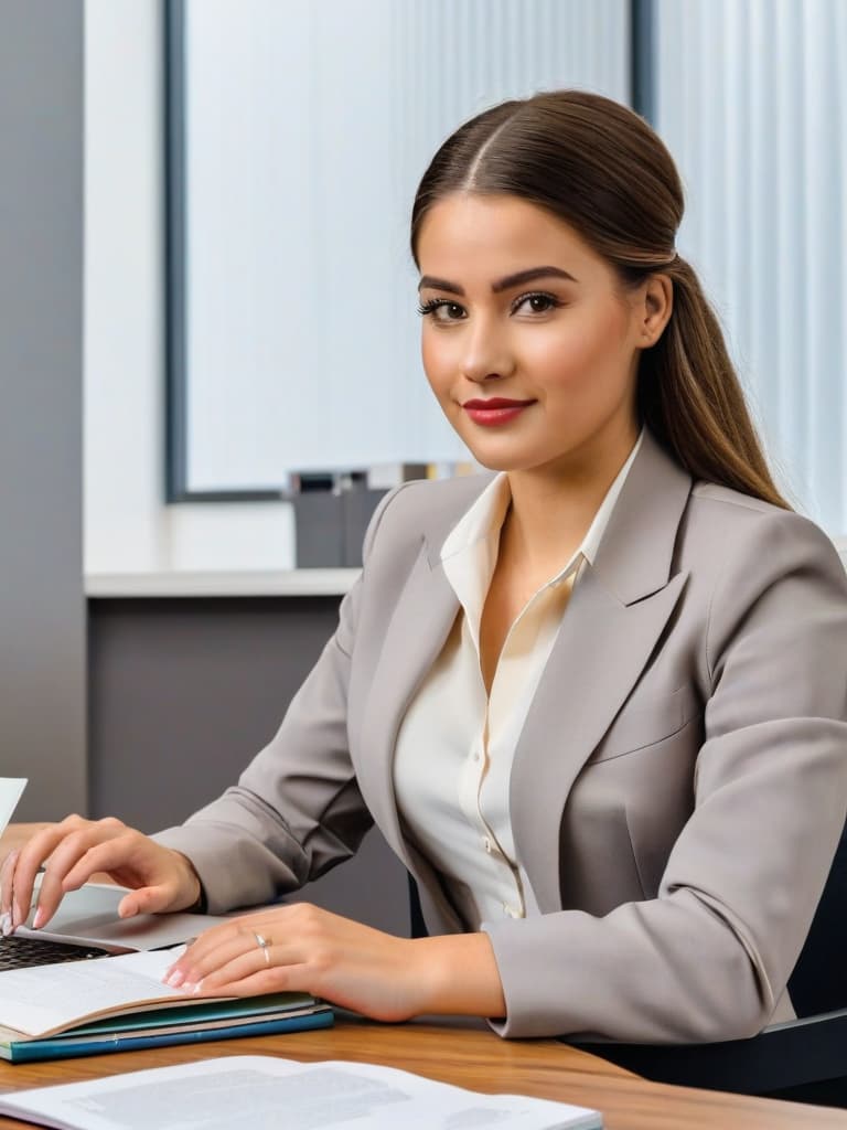  Young woman sitting at a desk, wearing professional attire, with books and a laptop in front of her.