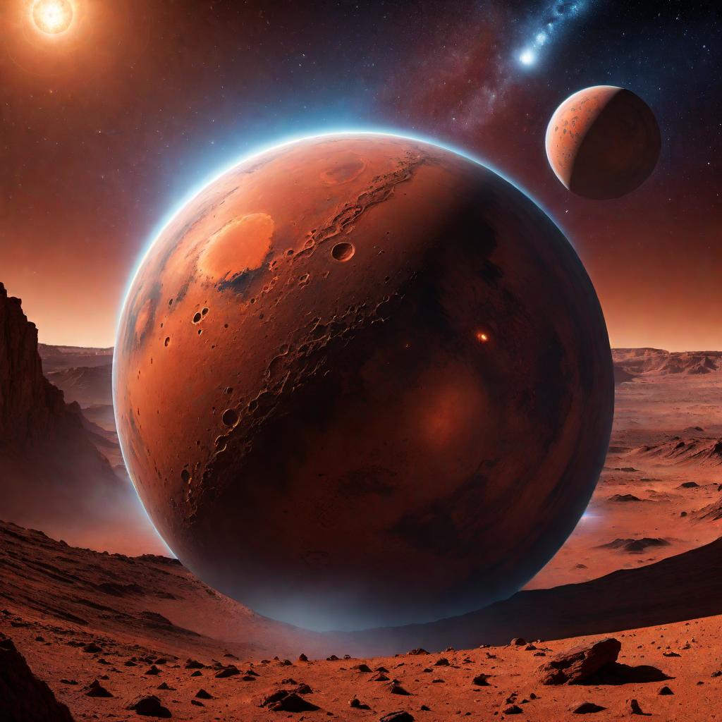  A cosmic scene featuring the planet Mars being visited by another mysterious celestial planet. Bright electrical discharges are vividly arcing from the visiting planet to Mars, gouging out a big crater on Mars' surface. The background is filled with stars and cosmic dust, providing a deep space atmosphere. hyperrealistic, full body, detailed clothing, highly detailed, cinematic lighting, stunningly beautiful, intricate, sharp focus, f/1. 8, 85mm, (centered image composition), (professionally color graded), ((bright soft diffused light)), volumetric fog, trending on instagram, trending on tumblr, HDR 4K, 8K