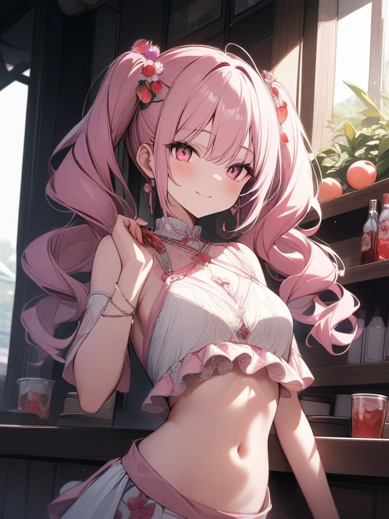  Cute, , thin body, fluffy hair, fluffy long hair, twin tails, pink hair color, pink eyes, big s, sauce, peach decoration, peach, smile, , stomach, , masterpiece, best quality,8k,ultra detailed,high resolution,an extremely delicate and beautiful,hyper detail