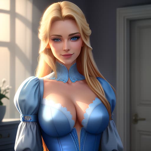  A young with a small , 155 cm tall, blond hair, and big blue eyes in the bedroom, smiling. [ photo of one woman smiling] hyperrealistic, full body, detailed clothing, highly detailed, cinematic lighting, stunningly beautiful, intricate, sharp focus, f/1. 8, 85mm, (centered image composition), (professionally color graded), ((bright soft diffused light)), volumetric fog, trending on instagram, trending on tumblr, HDR 4K, 8K