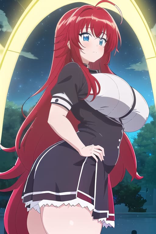  a fat in a very short arched over with a very small and tight with her looking through,masterpiece, best quality, 1women, long red hair, looking at viewer, :3, cute, black uniform, outdoors, streets, cowboy shot, curvy, (((blue eyes))), rias gremory, red hair, antenna hair, wavy hair, ((beautiful detailed eyes, beautiful detailed glow, lots of glow)), anime screencap