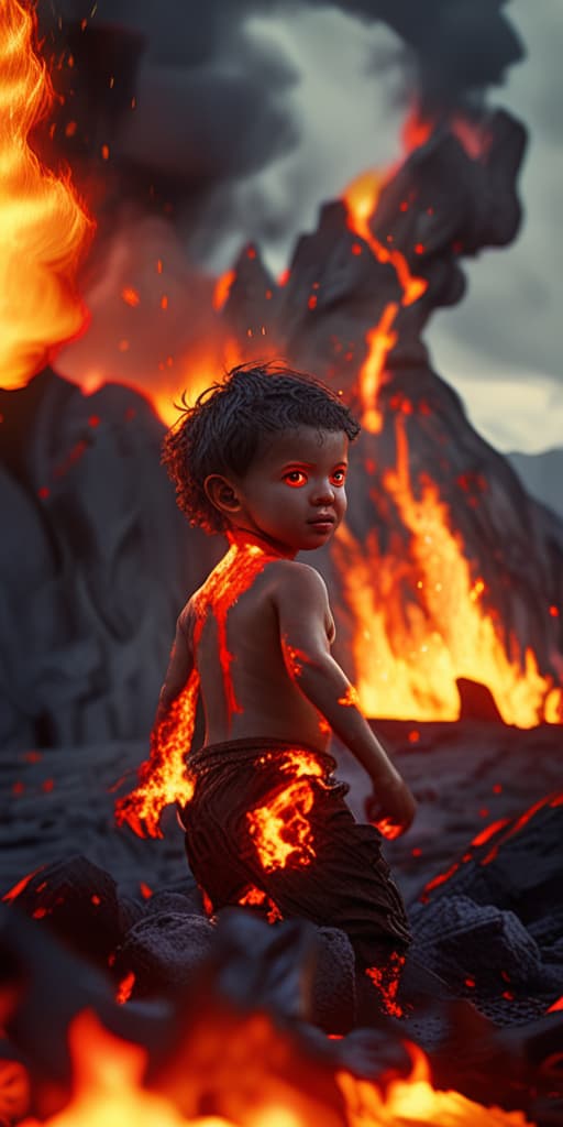  best quality, HD, A cute child portrait of a fire elemental human, warm glowing skin, fiery red eyes, surrounded by swirling flames, set against a cinematic background of a volcanic landscape, with studio lighting highlighting the fiery details, hyper detailed, beautifully color graded, 8k photorealistic, global illumination, volumetric lighting.