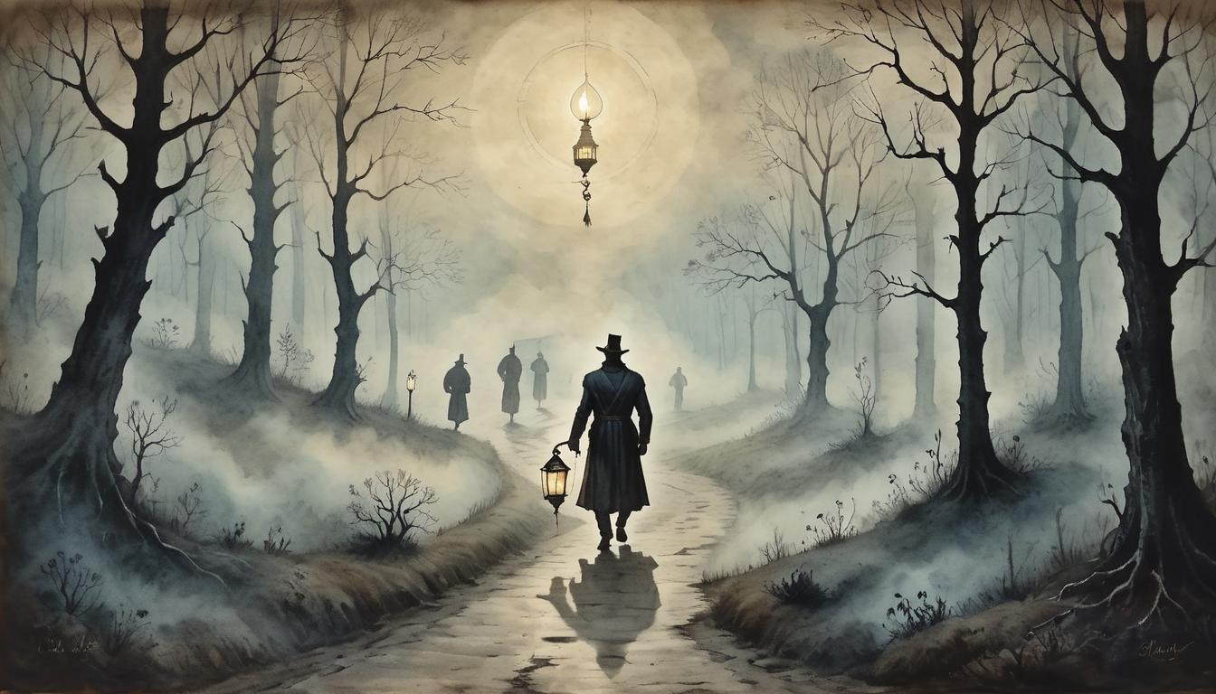  on parchment, surrealism+++, A figure holding a lantern, walking through a dense fog, light illuminating the path ahead, silhouettes of other figures following, sense of leadership and direction(mysterious, provocative, symbolic,muted color)+++