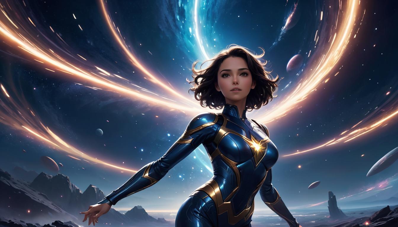  1girl, large busted attractive brunette female humanoid, surrounded by swirling stars, cosmic dance, joyful expression, high tech clothing clad in sleek, futuristic costume with metallic accents and form fitting designs, marvel superhero comics style, unreal engine rendering