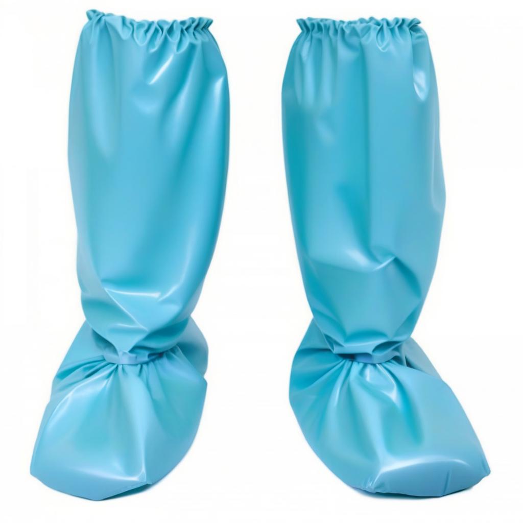  High Surgical Shoe Covers: {Shoe covers are secured around the ankle with tape ties and an elastic cuff under the knee}. (bottom of shoe cover: 1.3) covers the entire foot (from sole to ankle: 1.2) (covered with glossy dark blue latex: 1.1) and (top of shoe cover: 1.3) fits snugly to the calf (ankle to knee: 1.2 ) (coated with glossy dark green latex: 1.1). hyperrealistic, full body, detailed clothing, highly detailed, cinematic lighting, stunningly beautiful, intricate, sharp focus, f/1. 8, 85mm, (centered image composition), (professionally color graded), ((bright soft diffused light)), volumetric fog, trending on instagram, trending on tumblr, HDR 4K, 8K