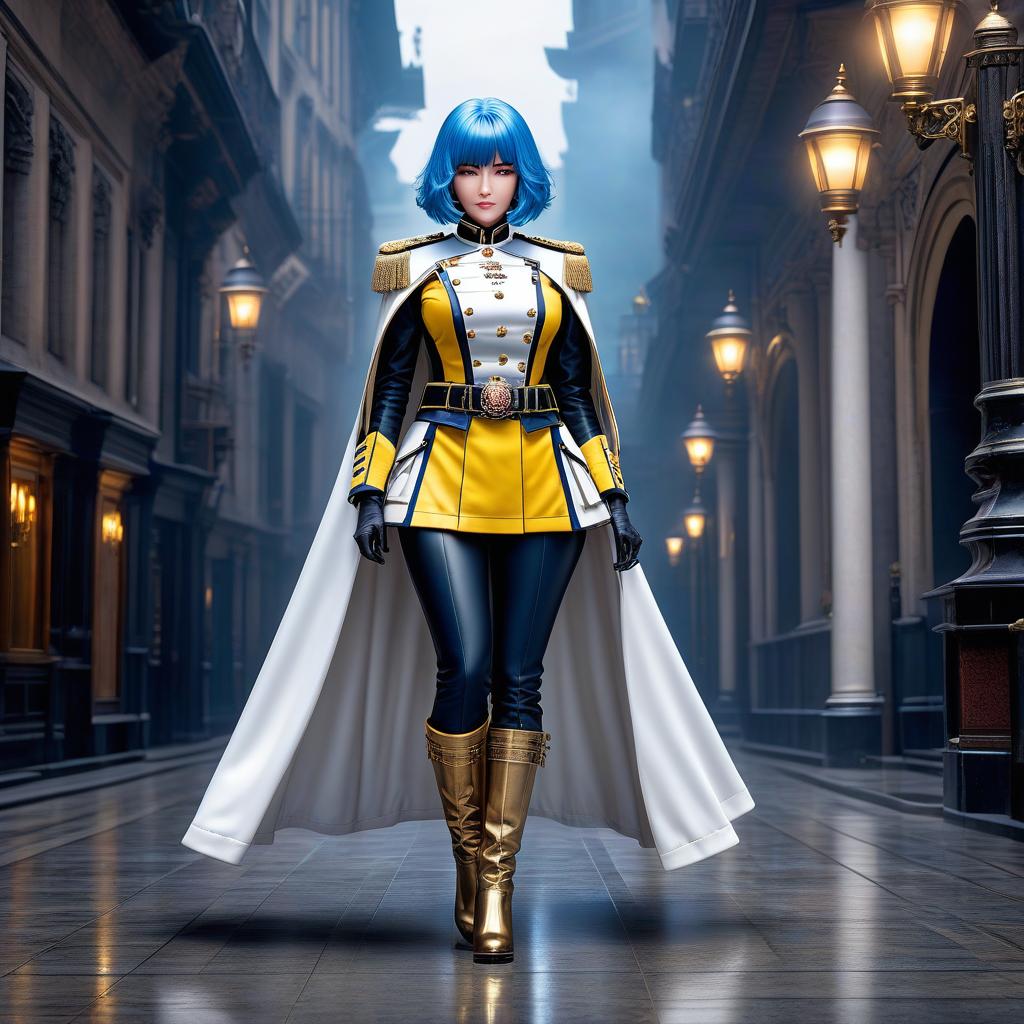  Girl, paladin, (full body), blue hair, bob cut, bright yellow eyes, hourglass figure, fully clothed, military uniform, (ceremonial uniform of the 19th century), white clothes, white cloak, (leggings), boots high topped, tight boots, cap, hat, belt, choker, epaulettes, awards, looking at viewer, looking down, evil grin, (extremely hyper detailed face), (masterpiece: 1.4), (perfect eyes: 1.1), (perfect hands), 2D, anime, extremely detailed clothes. hyperrealistic, full body, detailed clothing, highly detailed, cinematic lighting, stunningly beautiful, intricate, sharp focus, f/1. 8, 85mm, (centered image composition), (professionally color graded), ((bright soft diffused light)), volumetric fog, trending on instagram, trending on tumblr, HDR 4K, 8K